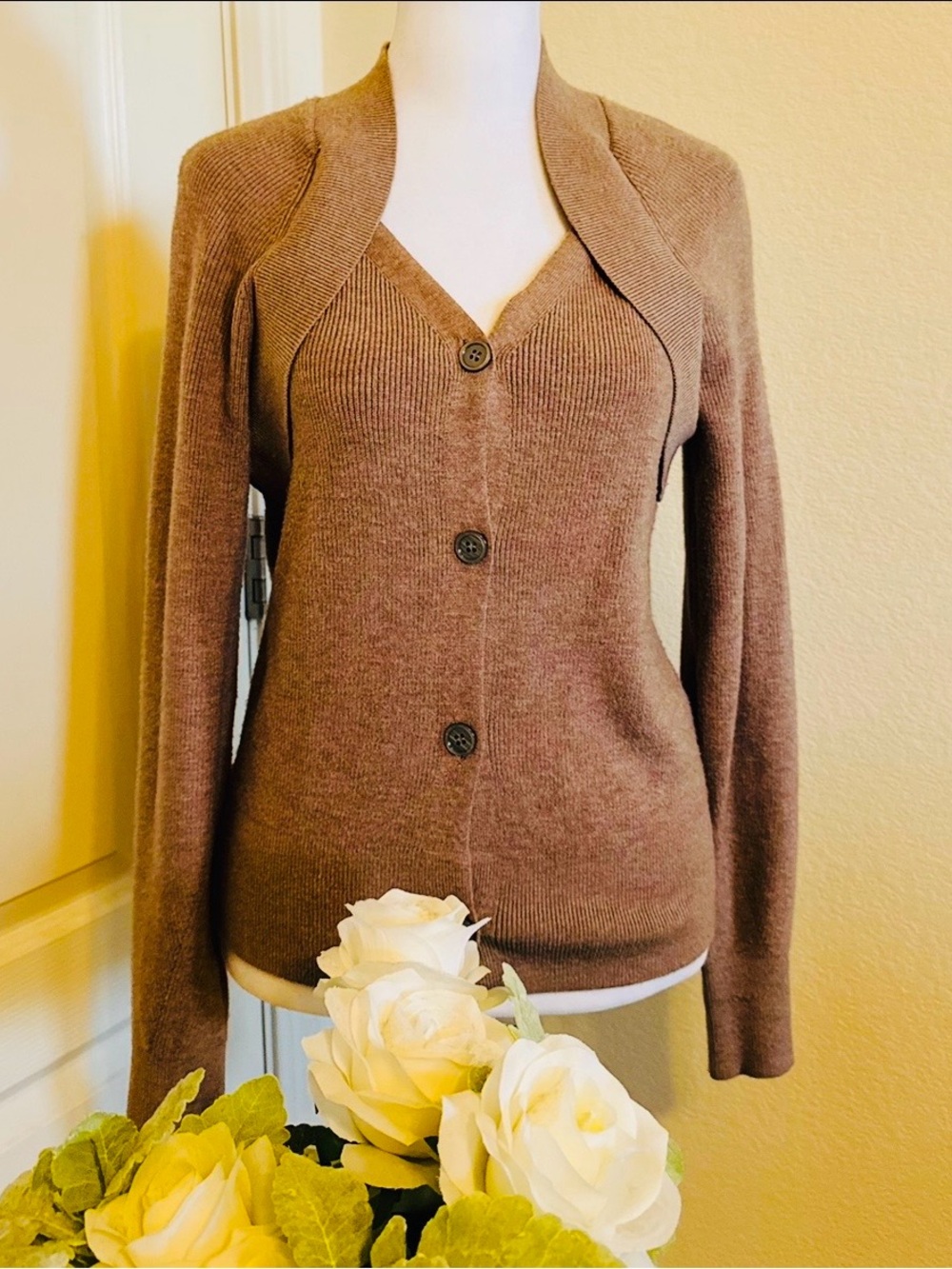 Women's Brown Button-Front V-Neck Sweater